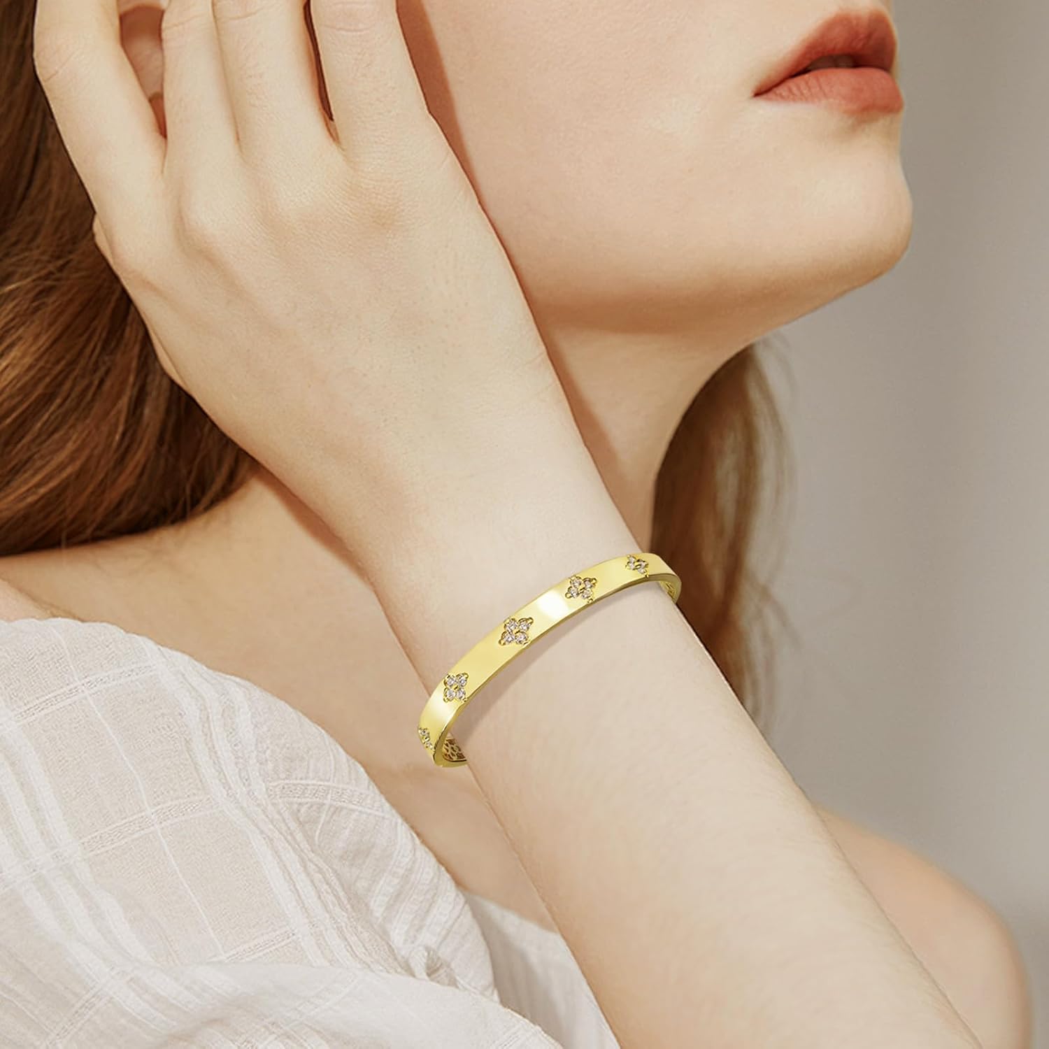 Lucky Moissanite Clover Bangle Bracelet for Women, 14K Gold Plated Four Leaf D Color VVS1, Friendship Love Gift for Her - Image 2