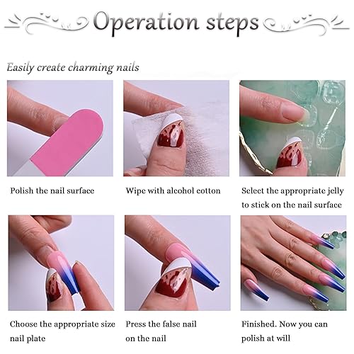 Miniatura 7 de 24 uñas postizas largas a presión de ataúd, color marrón, cobertura completa con diseño de patrón de flores, uñas postizas acrílicas brillantes para