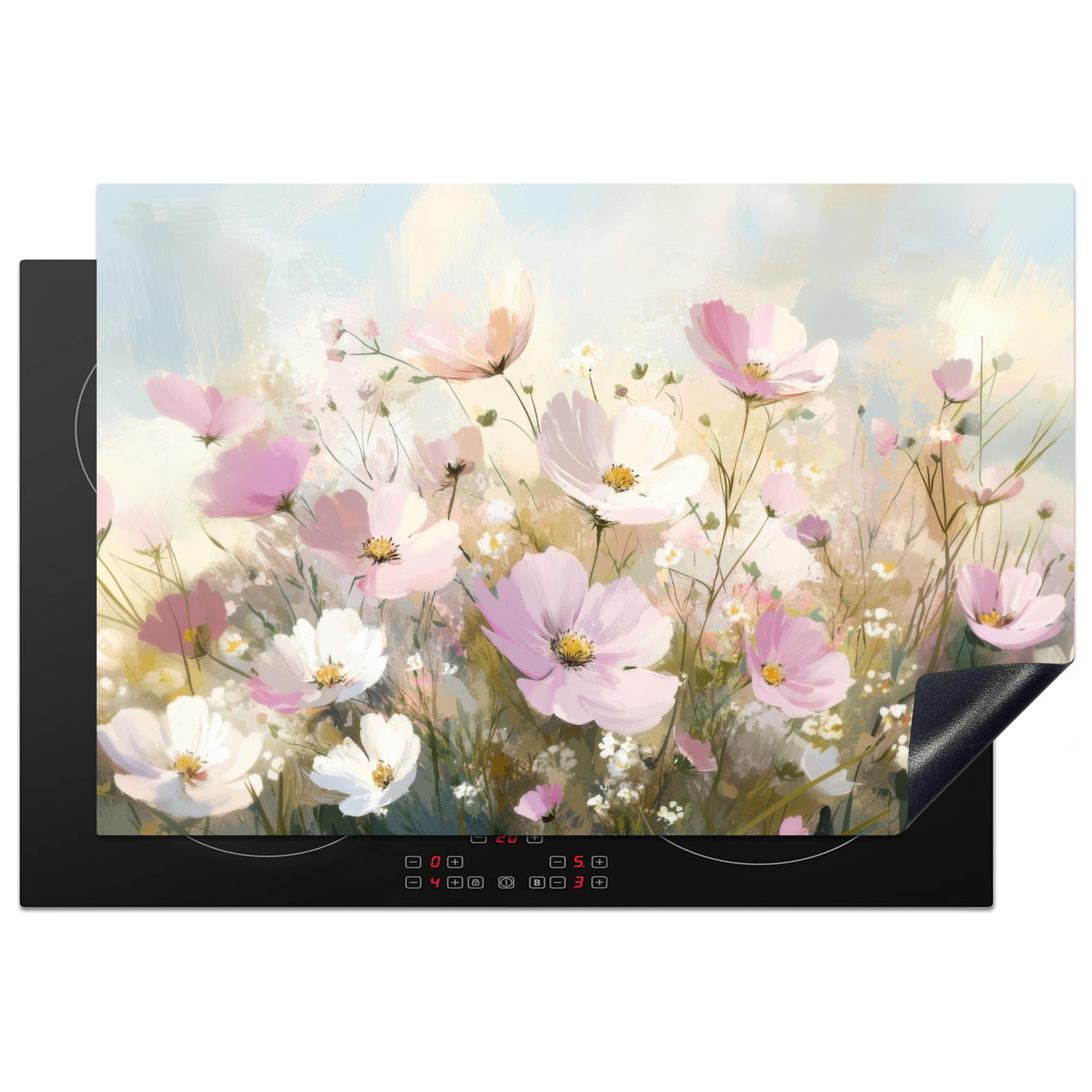 KitchenYeah© Induction Hob Cover Protector Mat 20.1"x30.3" / 77x51 cm Kitchen Universal Ceramic Covers for Electric Cookers Vinyl Field of Flowers - Light Shades - Painted
