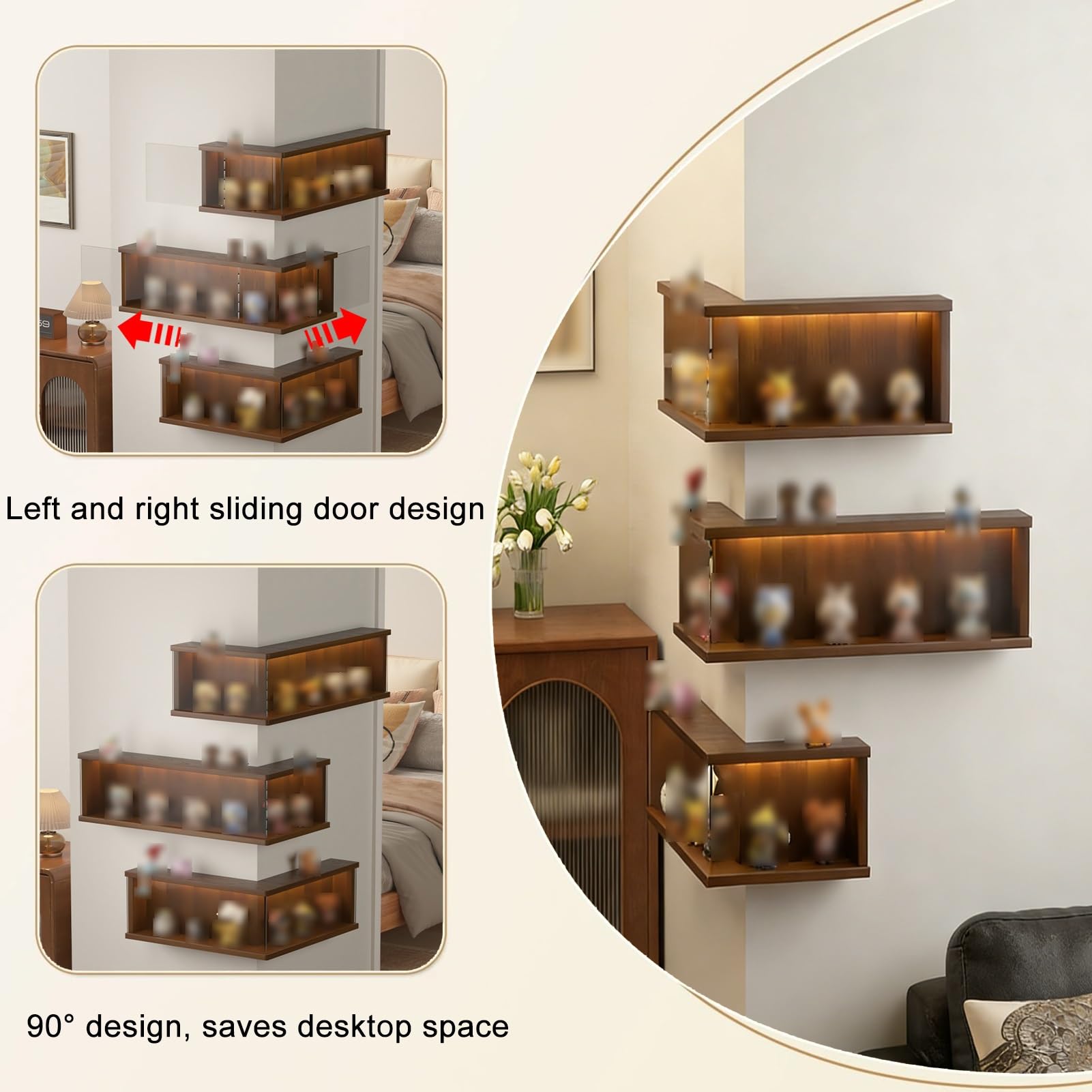 Vetrina Espositiva, Mensole Sospese In Acrilico Trasparente, Mensola Angolare In Legno Da Parete Per Soggiorno, Studio, Camera Da Letto, Salvaspazio(Marrone,Combination)