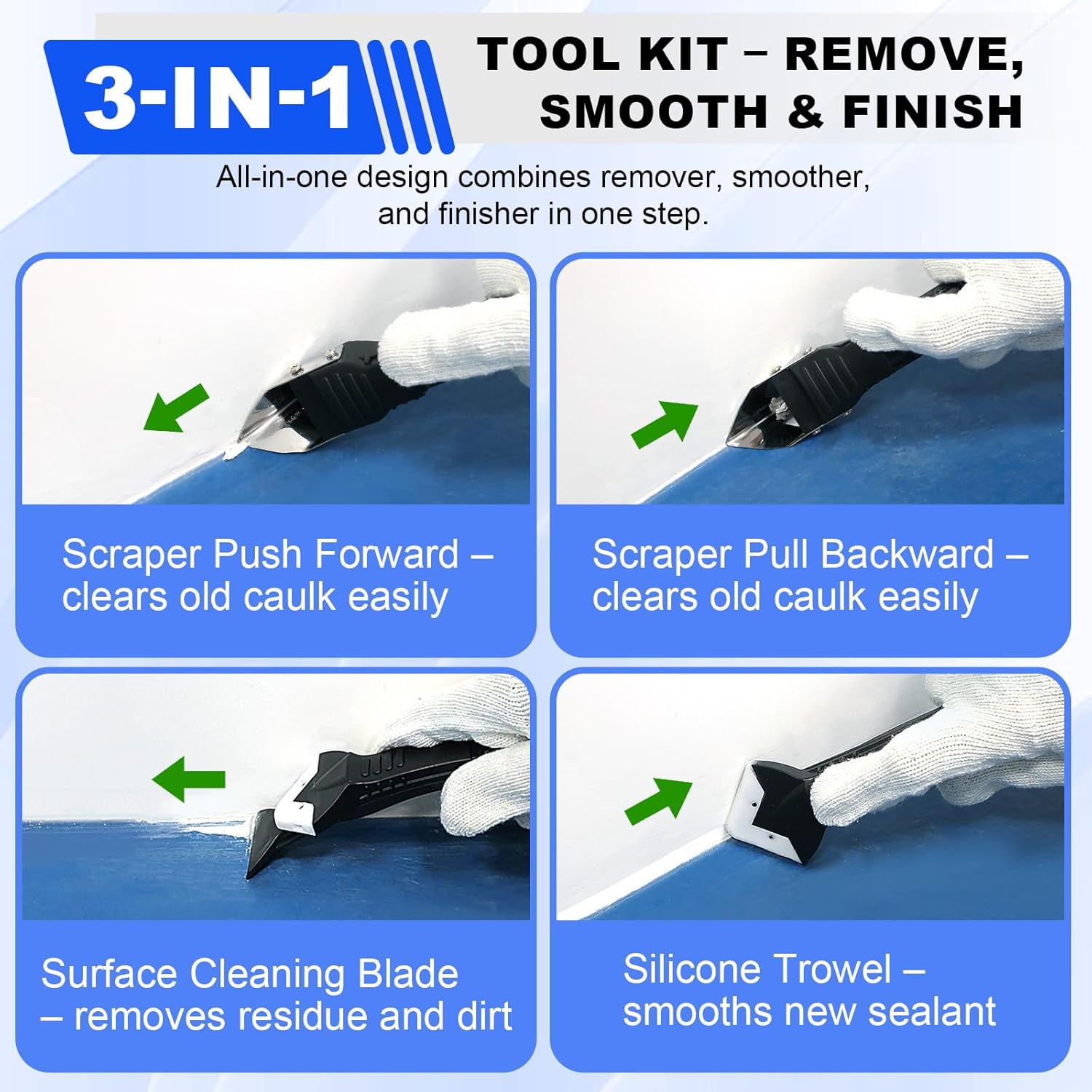 Silicone Caulking Tool Kit, 3 in 1 Caulk Remover, Grout Removal Scraper and Sealant Finishing Tool, Glass Glue Angle Scraper for Floor Window Sink Joints Bathroom Kitchen (Black)