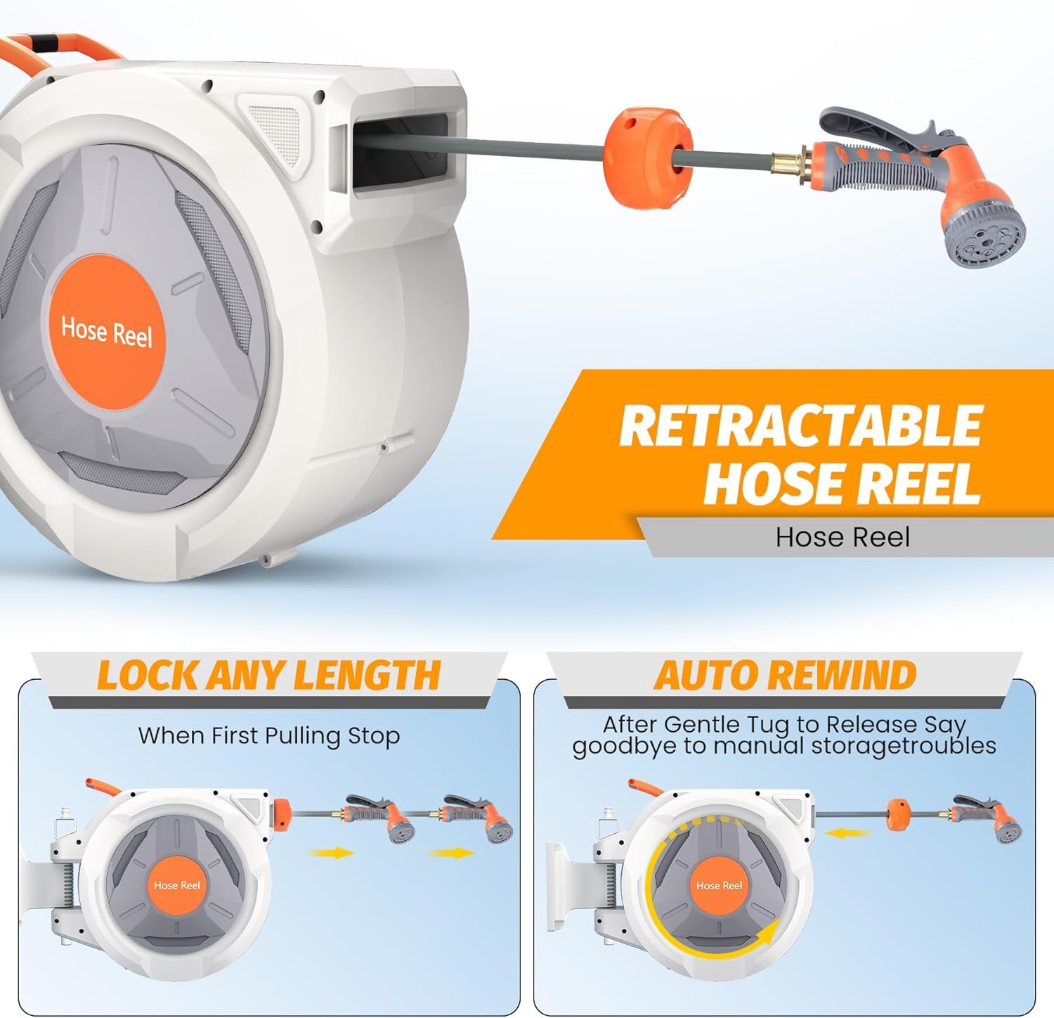 Retractable Garden Hose Reel, 1/2''x130 Ft, Wall Mounted Automatic Garden Rewind Slow Return System Water Hose Reel with 9 Function Nozzle & 180 Deg Swivel Bracket, Outside Heavy Duty Watering Tool