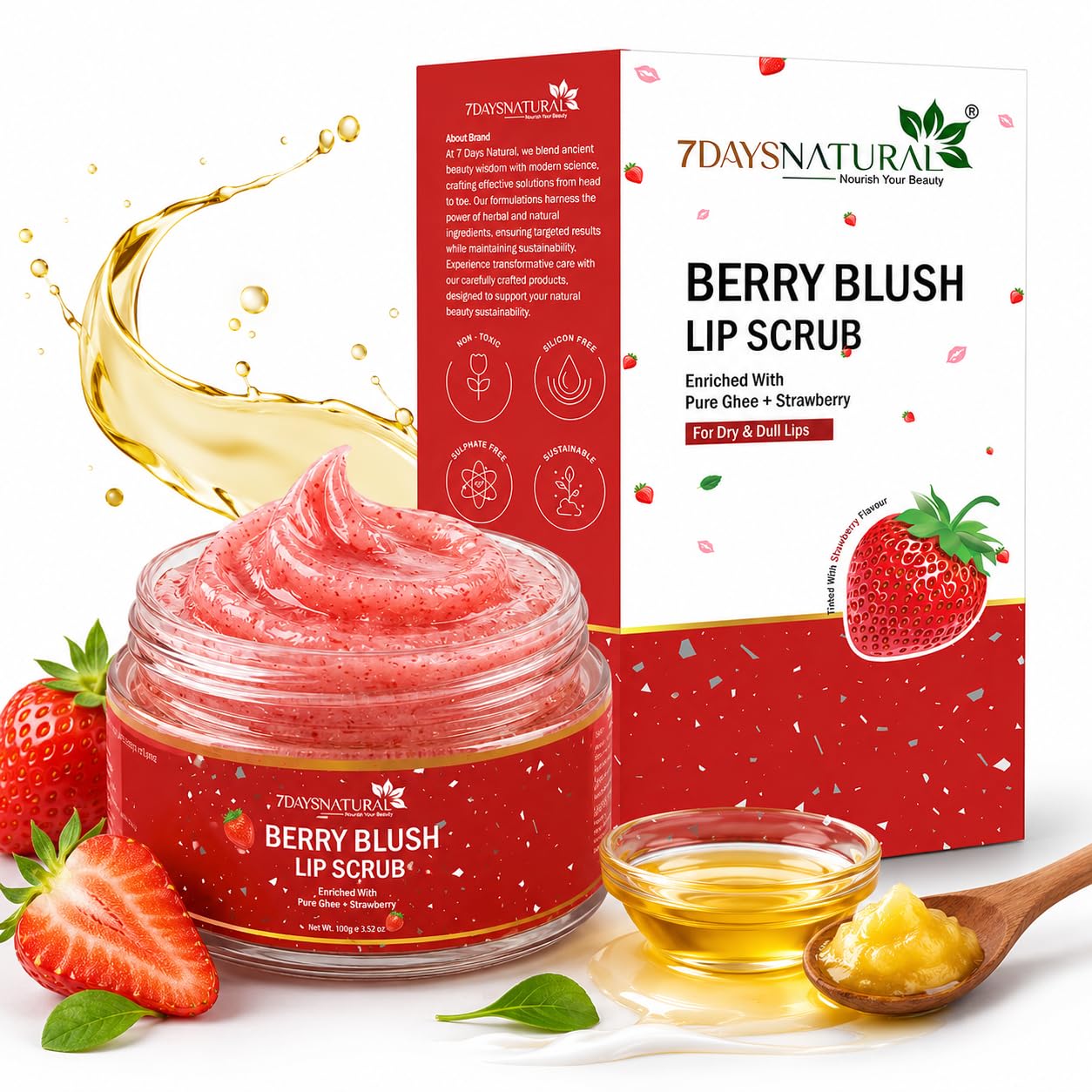 7DAYSNATURAL Beetroot & Cherry Lip Scrub (10g) | Gentle Exfoliating Lip Polish for Dry, Chapped Lips | Moisturizing & Nourishing Formula | Smooth, Soft & Naturally Pink Lips