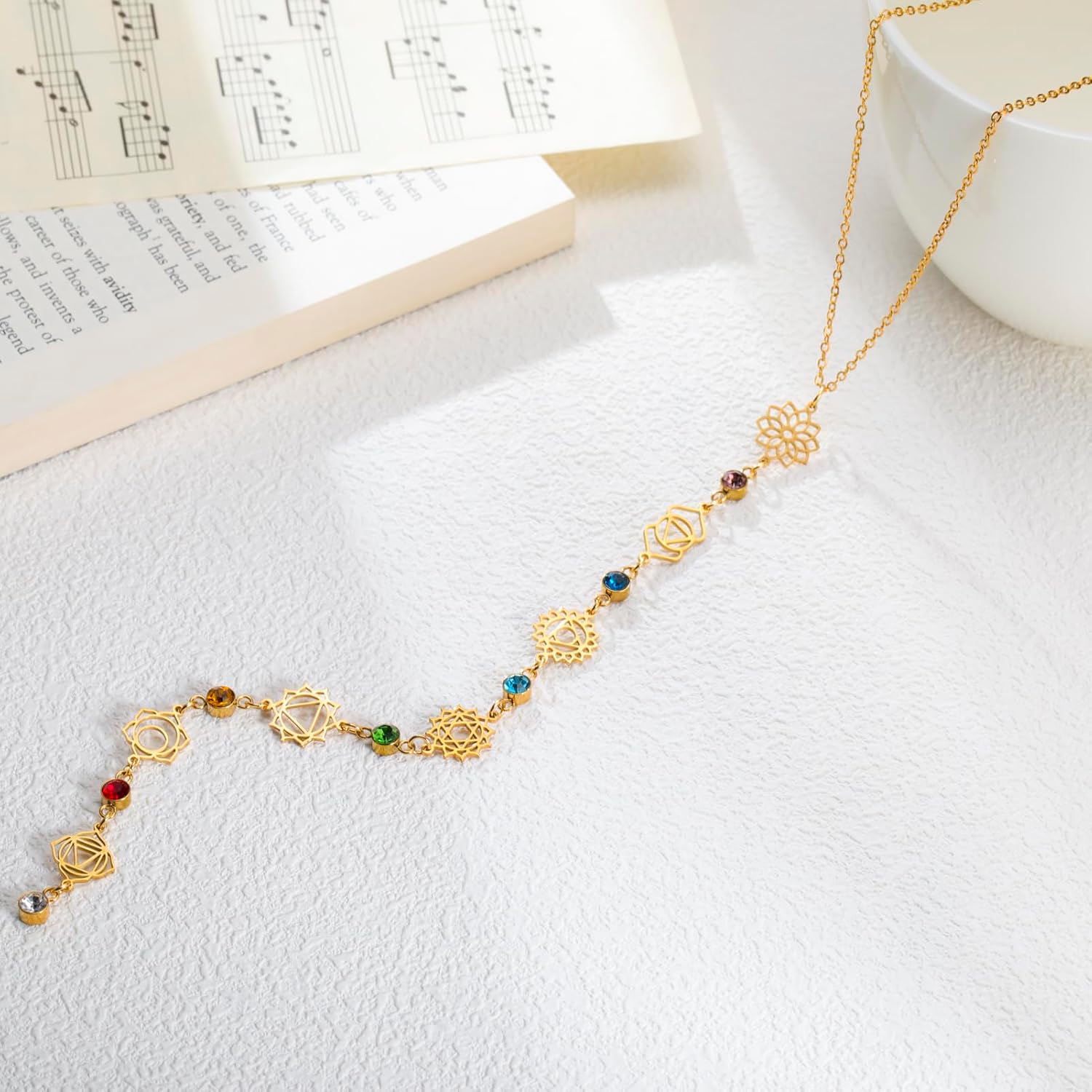 Gold Long Chakra Spiritual Necklace for Women Trendy Healing Yoga 7 Chakra Symbols with Crystal Y Necklace Gift for Mother Sister Daughter