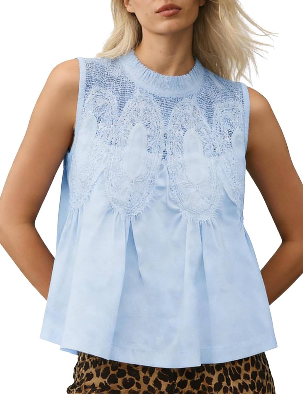 Women's Cotton Lace Flared Tank Sleeveless Crew Neck Babydoll Top Peplum Shirt with Intricate Mesh Back Design