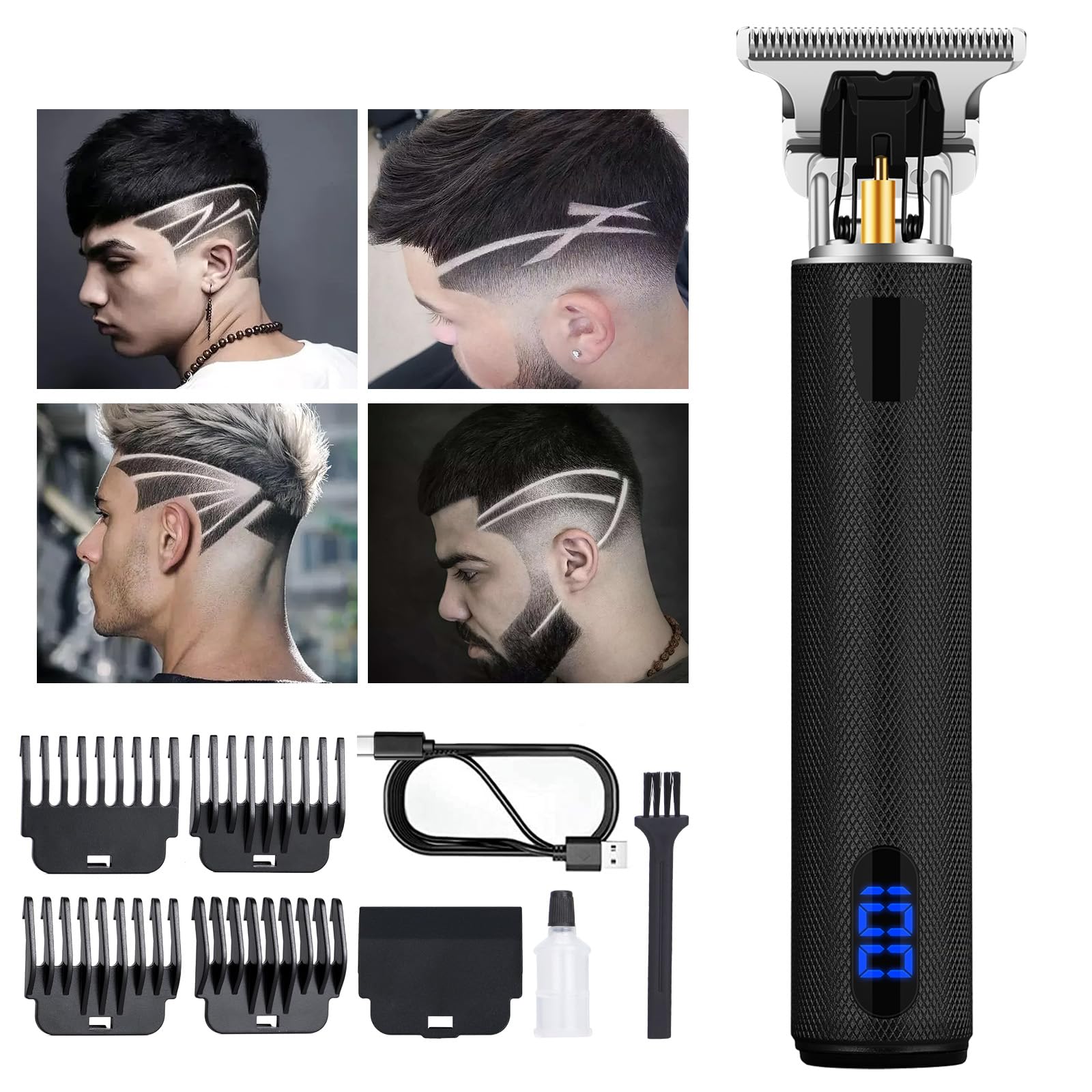 candyfouse Professional Beard Trimmer for Men, Hair Clippers with 4 Limit Combs, Cordless Rechargeable with LCD Display, Approaching Zero Gapped