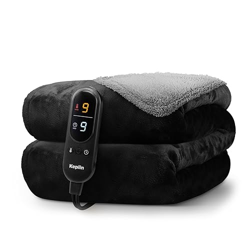 KEPLIN Large Electric Heated Throw Blanket - Electric Heated Blanket Throw for Bedspread 9 Heat Settings & Timer, Machine Washable Fleece Wool Duvet with 1 Year Warranty - Black/Grey Sherpa - Black/Grey Sherpa - One size