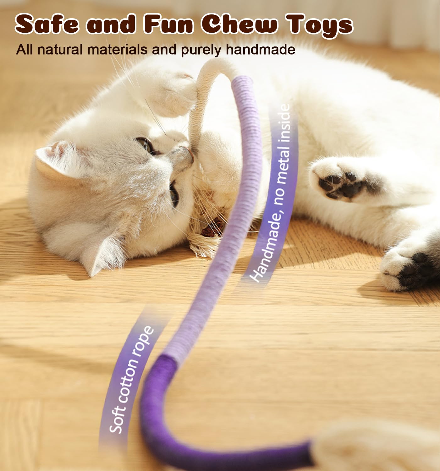 Cuerdas masticables para gatos, 4 piezas, juguetes para gatos de interior con hierba gatera natural recargable, juguetes masticables de limpieza segura de dientes, juguetes interactivos para