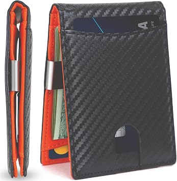 Slim Bifold Wallet for man with Money Clip - RFID Blocking, Multiple Credit Card Pockets - Sleek and Versatile Design - Genuine Leather - Ideal for Cash and Cards Carbon Fiber - Orange