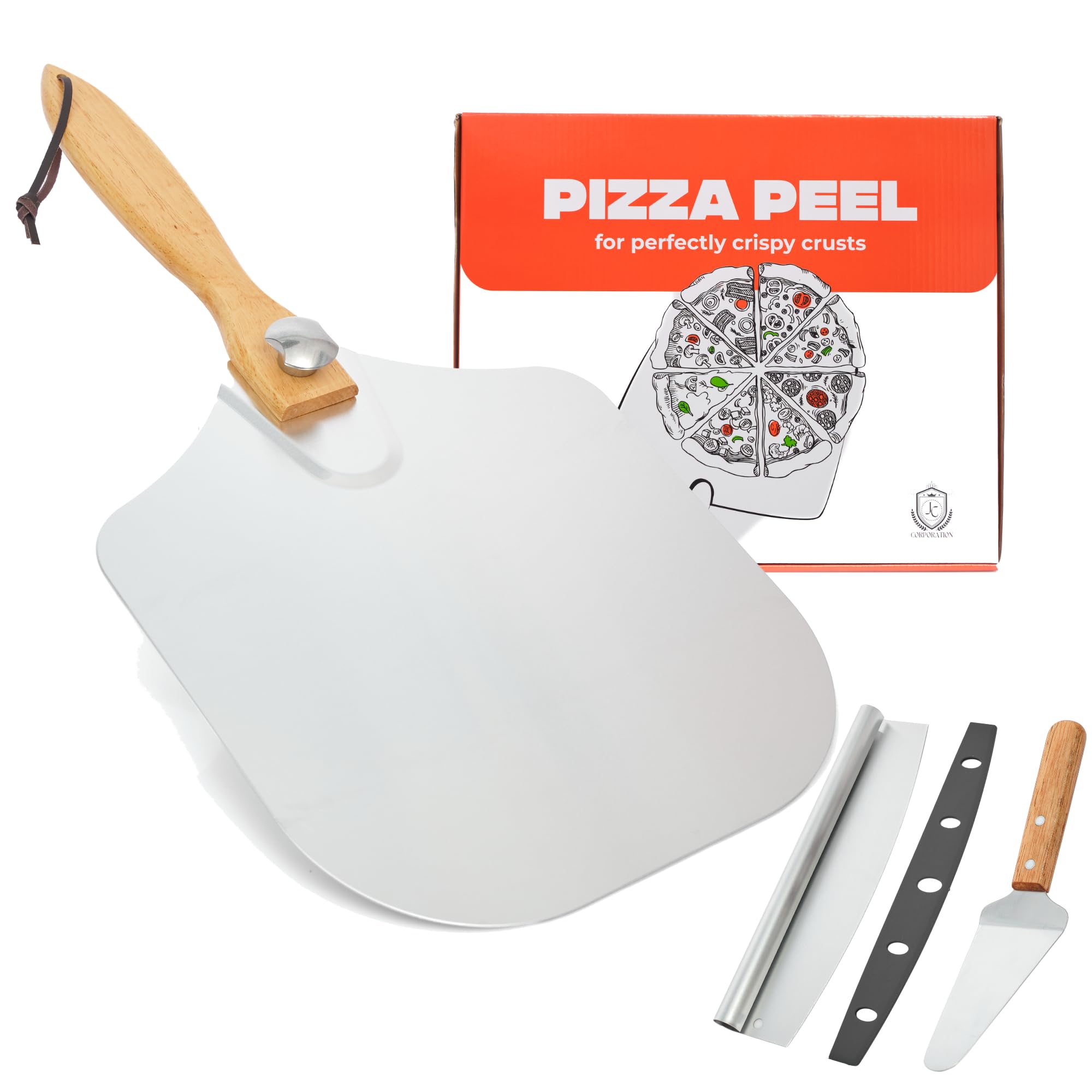 Pizza Peel Aluminum Pizza Spatula 12 x 14 inch with Foldable Wooden Handle Pizza Cutter Rocker with Blade Cover – Perfect Pizza Oven Accessories for Indoor & Outdoor Use, Pizza Lovers Gift