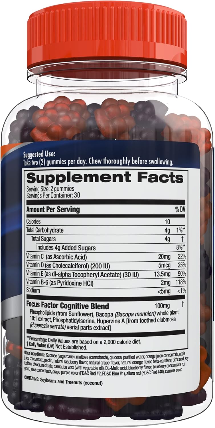 Focus Factor Nootropic Gummies, Memory Supplement for Brain, Phosphatidylserine, Bacopa, Huperzine A, 60 Count, Pack of 2