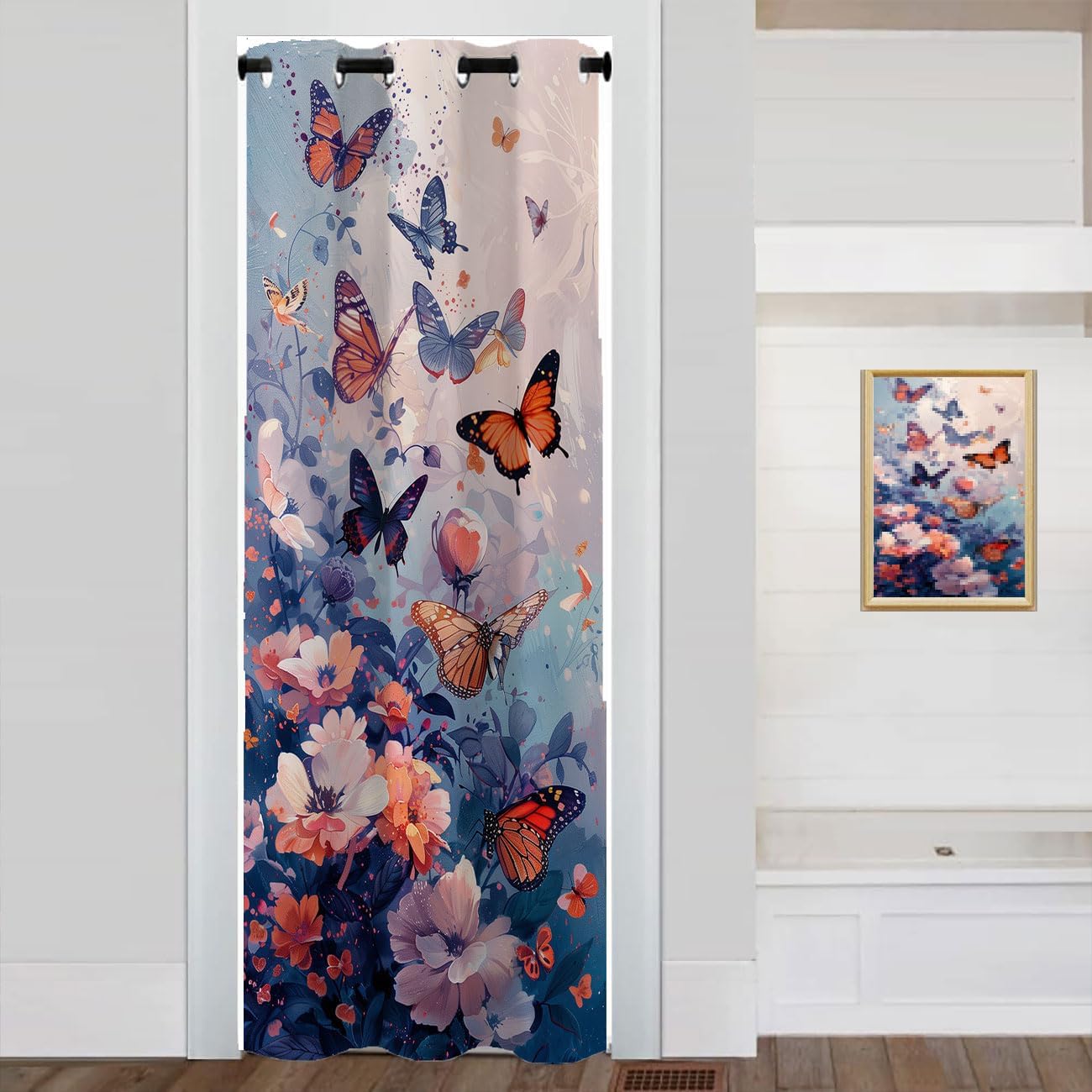 Butterfly Door Curtain for Doorway Privacy, Colorful Garden Flowers Fantasy Magical Room Darkening Blackout Curtain for Kids Boys Girls Teens Bedroom Living Room Closet 1 Panel 34" W X 80" L