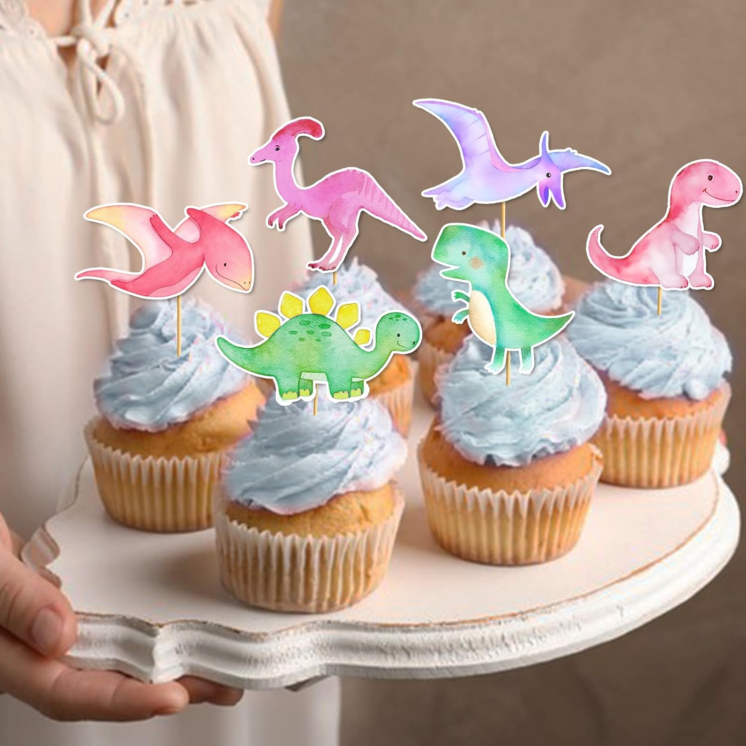 36 Pcs Dinosaur Cupcake Toppers - Girl Dinosaur Party Decorations Pink Dinosaur Birthday Decorations Dino Cupcake Toppers