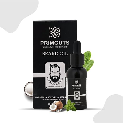 PRIMGUTS Beard Oil For Men - Natural Beard Growth Oil With Argan, coconut, Almond &amp; Peppermint Oil - Soft, Thick &amp; Healthy