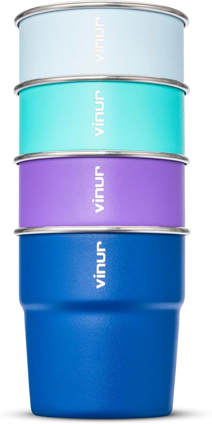 VINUR 4 Pack Stainless Steel Cups 20 oz Pint Tumbler Stackable Metal Drinking Glasses for Travel, Camping, Outdoors (Baby Blue-Navy-Teal-Purple)