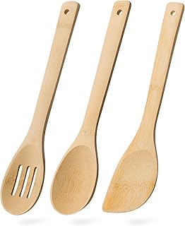 Hefild Wooden Spoons for Cooking, 3PCS Wooden Utensil Set Includes Slotted Spoon, Wooden Spoon & Wooden Spatula, Bamboo Cooking Utensils for Non-Stick Pans, Natural Bamboo Utensils