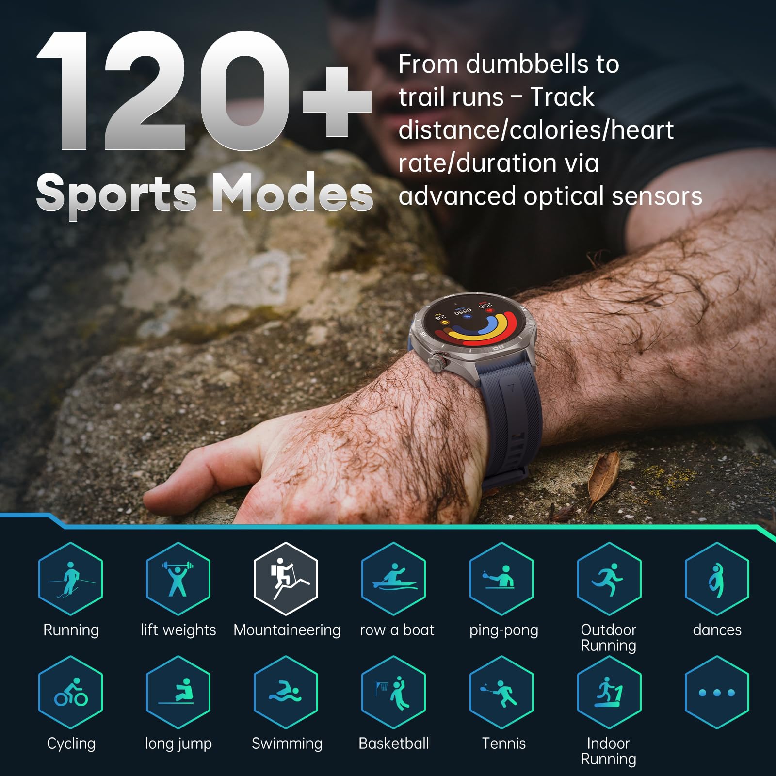 Zegarek wojskowy dla mężczyzn, 1,52'' HD Wytrzymały inteligentny zegarek fitness z 500mAh długotrwałym akumulatorem/wodoodporność IP68/120+ trybów sportowych/pulsometr/SpO2/monitor snu/2 paski