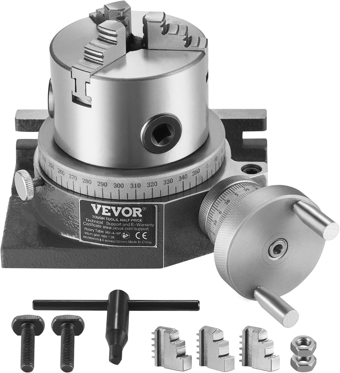 VEVOR Rotary Table for Milling Machines, 100 mm, Horizontal Vertical Model Precision Milling Rotary Table, with 80 mm 3-Jaw Chuck M10 T-Bolts Nuts, for Milling Engineering Indexing Tools
