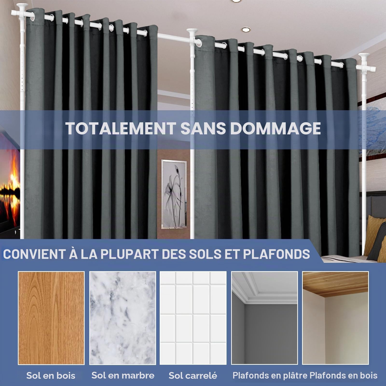 Tringle à rideaux sans perçage, 1,2 à 3 m (H) 71,1 à 289,6 cm (l) réglable et robuste – Séparateurs de pièce – Sans dommages pour cloison d'espace – Blanc