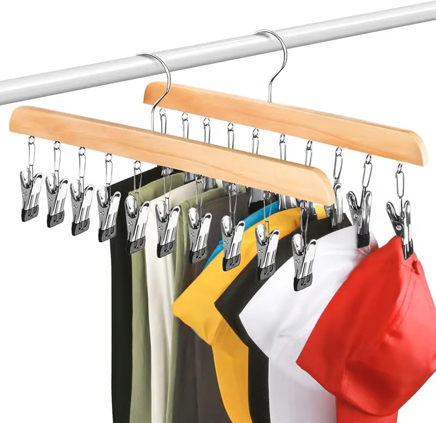 Wooden Clothes Hanger with 10 Clips, Upgraded Multi-Functional Closet Organizer with 10 Clips, Space Saving Multi-use Hanging Leggings Storage Organizer Scarf Hangers for Home Use (Vintage, 3PCS)