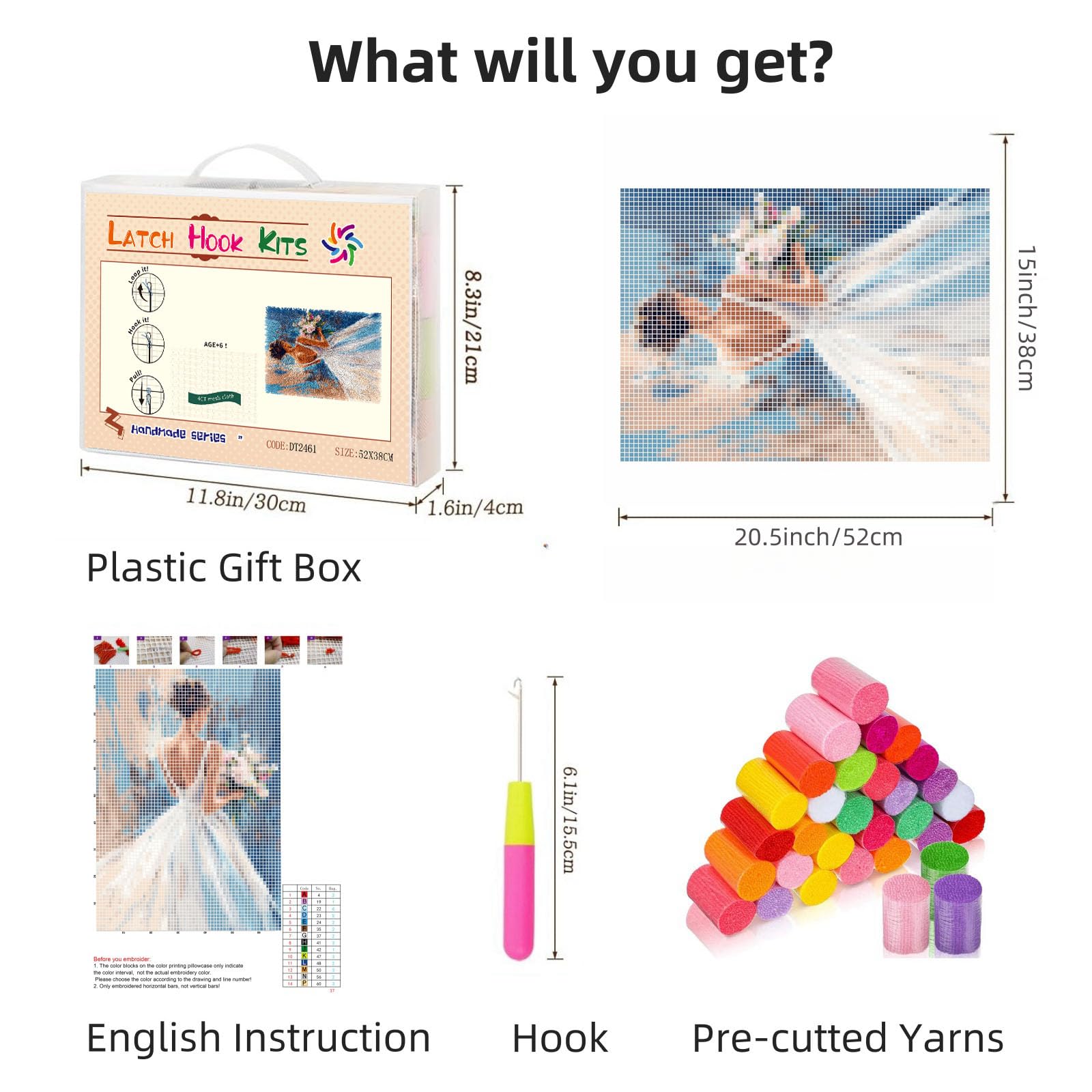 Latch Hook Rug Kit Beautiful Bride Wedding Dress with Flower Pre-Printed Handmade Carpet Crochet Yarn Craft DIY Hook and Latch Door Mat Tapestry for Home Floor Decoration 52x38cm-3