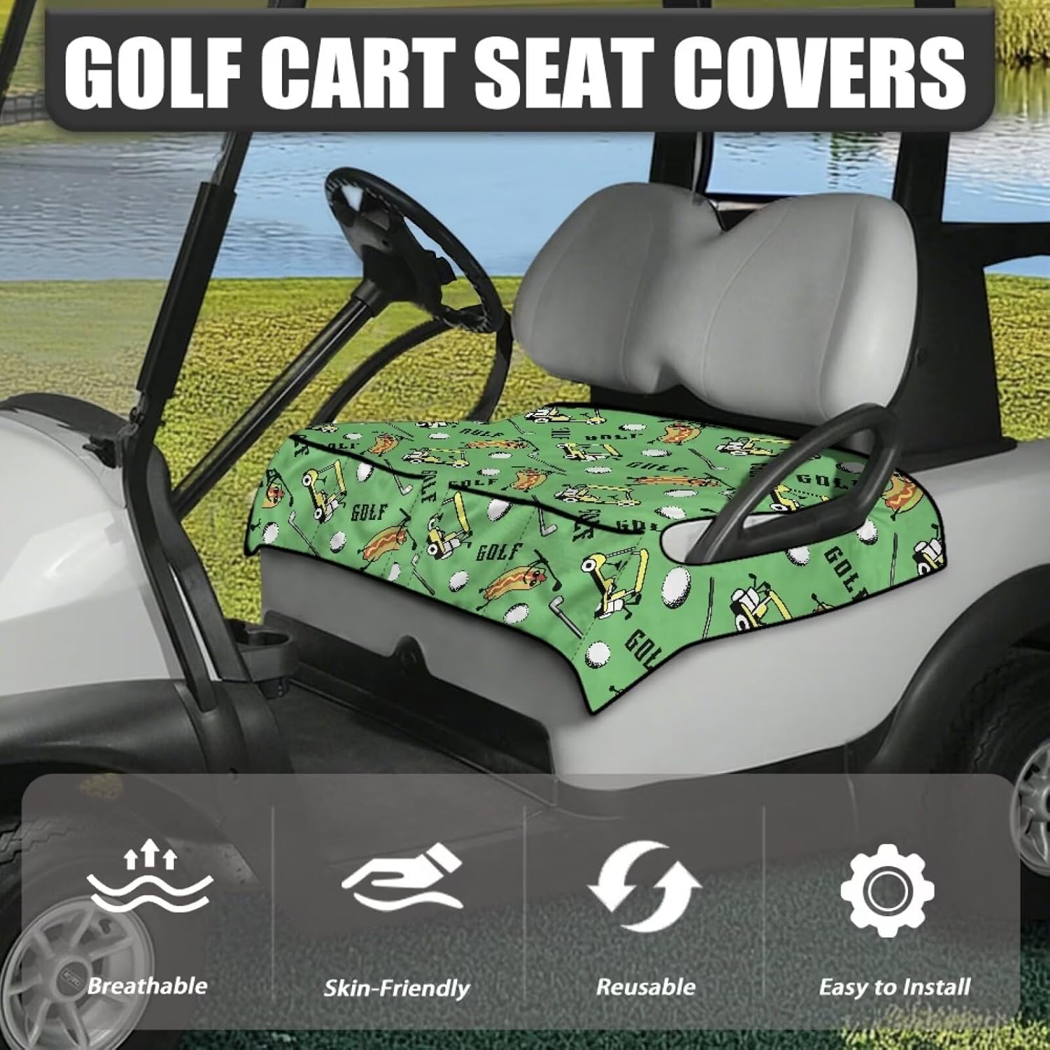 Biyejit Golf Cart Seat Covers, Universal Golf Cart Seat Towel Blanket with 4 Front Pockets for 2-Person Seats Golf Carts