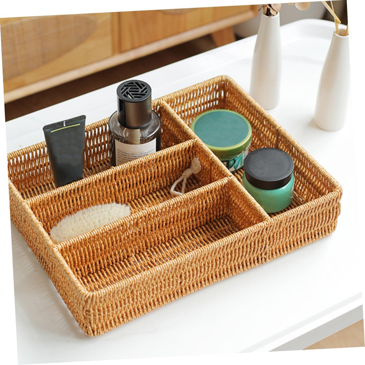 Space-saving Woven Utensils Organizer for Kitchen Desk Compact Storage Basket Dividers for Cutlery Silverware and Cooking Tools