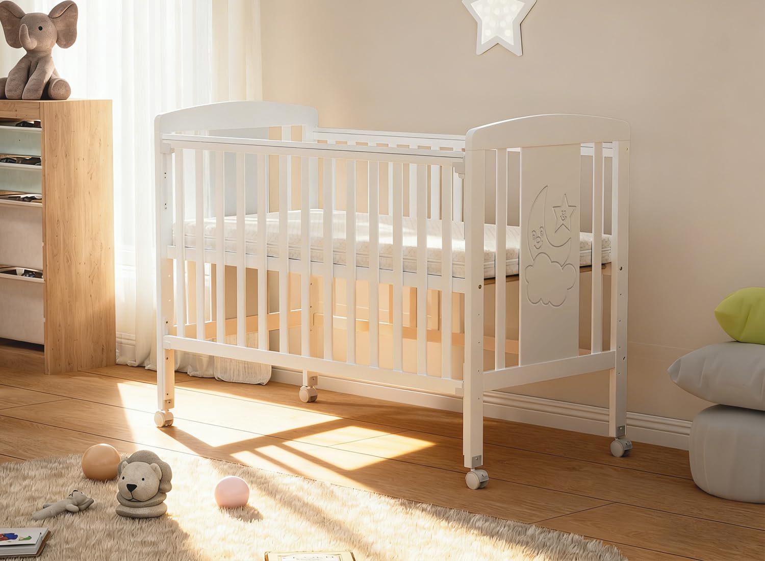 Nova - Lettino 3 in 1, in legno, per bambini, con barra per dentizione, 5 posizioni regolabili, materasso incluso, dalla nascita ai 6 anni