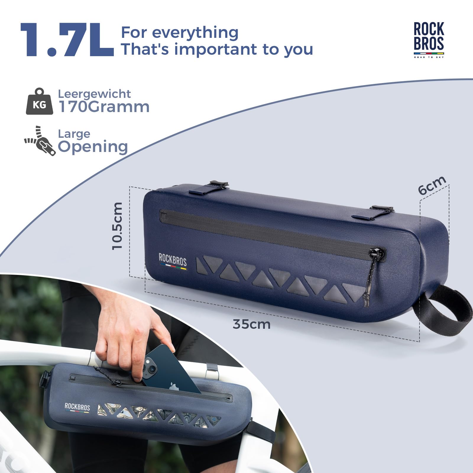 ROCKBROS Road to Sky Borsa Bici Telaio, Borsa Triangolare per Bicicletta, Borsello Impermeabile MTB, Capacità 1,7L, Accessori Bici