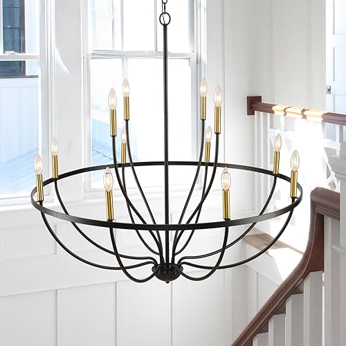 Candelabro moderno de granja para comedor, 9 luces, lámpara de araña negra y dorada, lámpara colgante de altura ajustable para cocina, isla de