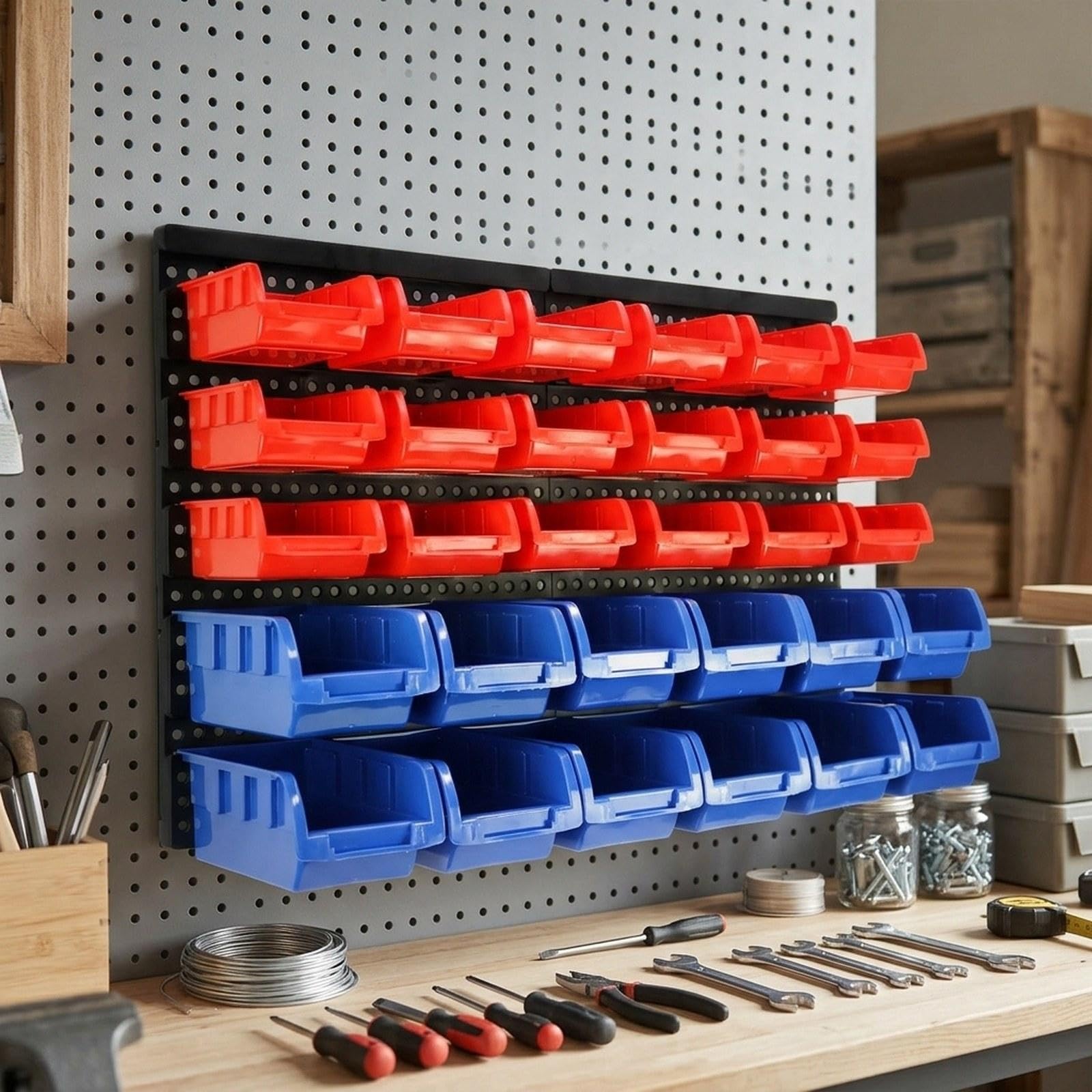 30 contenitori a parete con pannello forato, robusti, di grande capacità, per componenti, attrezzi, per la casa, per lavori artigianali, perline, Blu Rosso