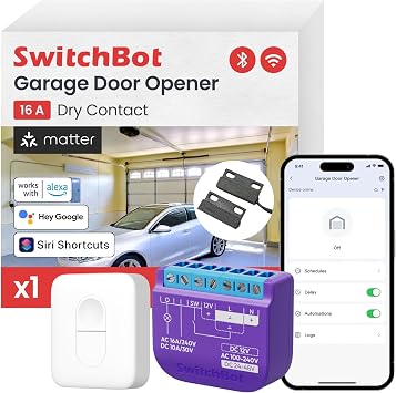 Switchbot Smart Garage Door Opener w/Remote, Matter Certified, Alexa/Google/Siri/IFTTT/Smartthings Supported, Most Garage Door Supported, App&Remote Control, Multiple Notification Modes, No Hub Needed