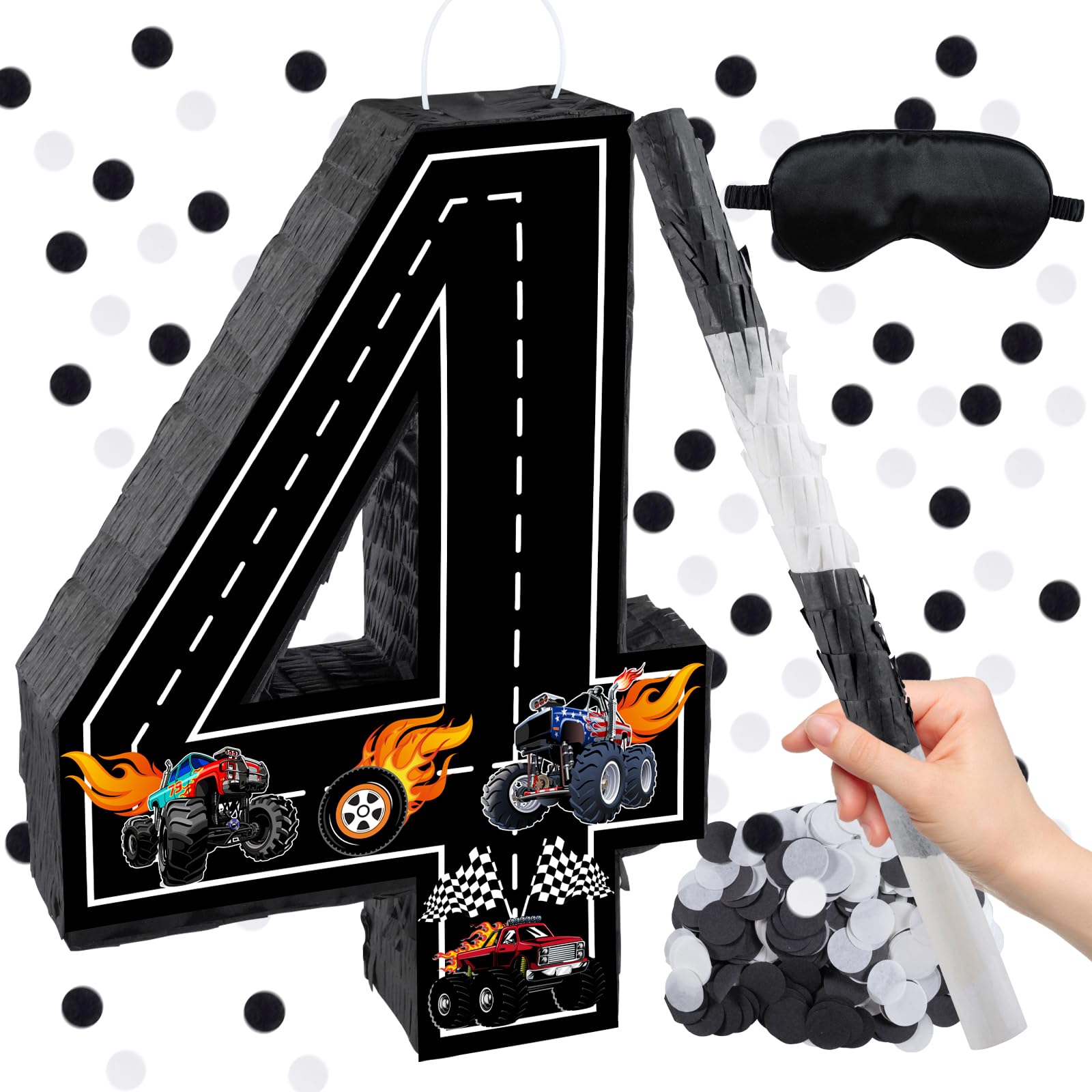 Truck Number 4 Pinata, Truck Birthday Decorations with 16 Inch Piñata Stick Blindfold Confetti for 4th Birthday Party Supplie