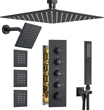 Matte Black Thermostatic Shower System with Body Jets, Ceiling 16 Rainfall Shower & Wall Mount 6-Inch Shower Head Luxury Shower Faucet Set with Handheld Spray, Dual Shower Heads Set