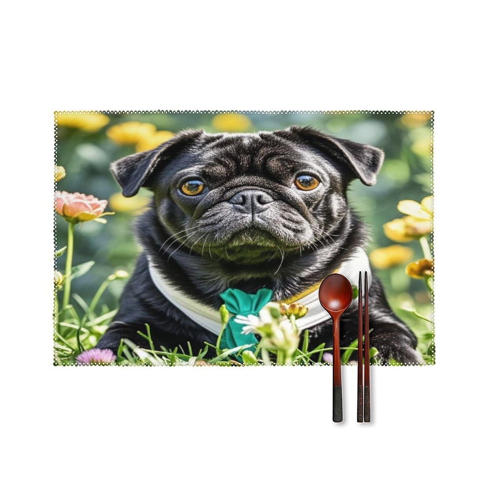 Cute Black Pug Dog Placemats Washable Canvas Place Mats Decoration Placemat for Dining Table Easy to Clean Tables Mat Set of 6 for Kitchen Dining Room Coffee Table