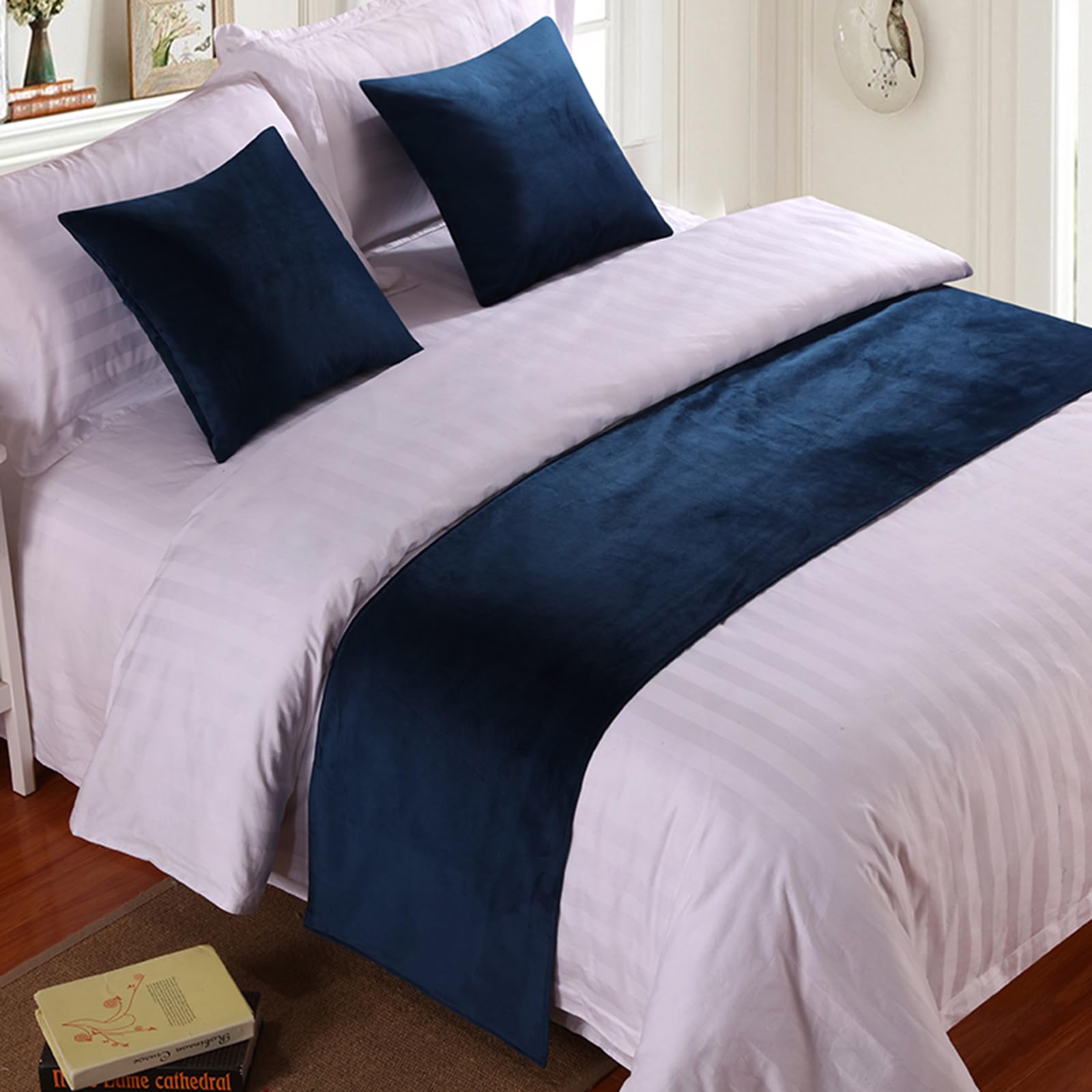 QRGMKL Premium Velvet Bed Runners Bedspread, Soft No Fading Bed Scarf Runner for Bedroom Wedding Room Home Hotel Bedding Decorations-Dark Blue||2 Pillowcases(45X45cm)