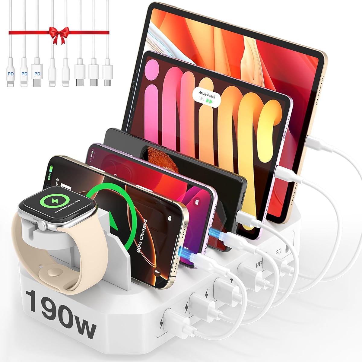 190W Charging Station for Multiple Devices, 6-Port Charger Organizer Dock | 4 USB-A, 2 PD USB-C Port, Certified Safer Charging, with 8 Cables & 2 Stand, Compatible with Phone/MacBook/iPad/Tablet