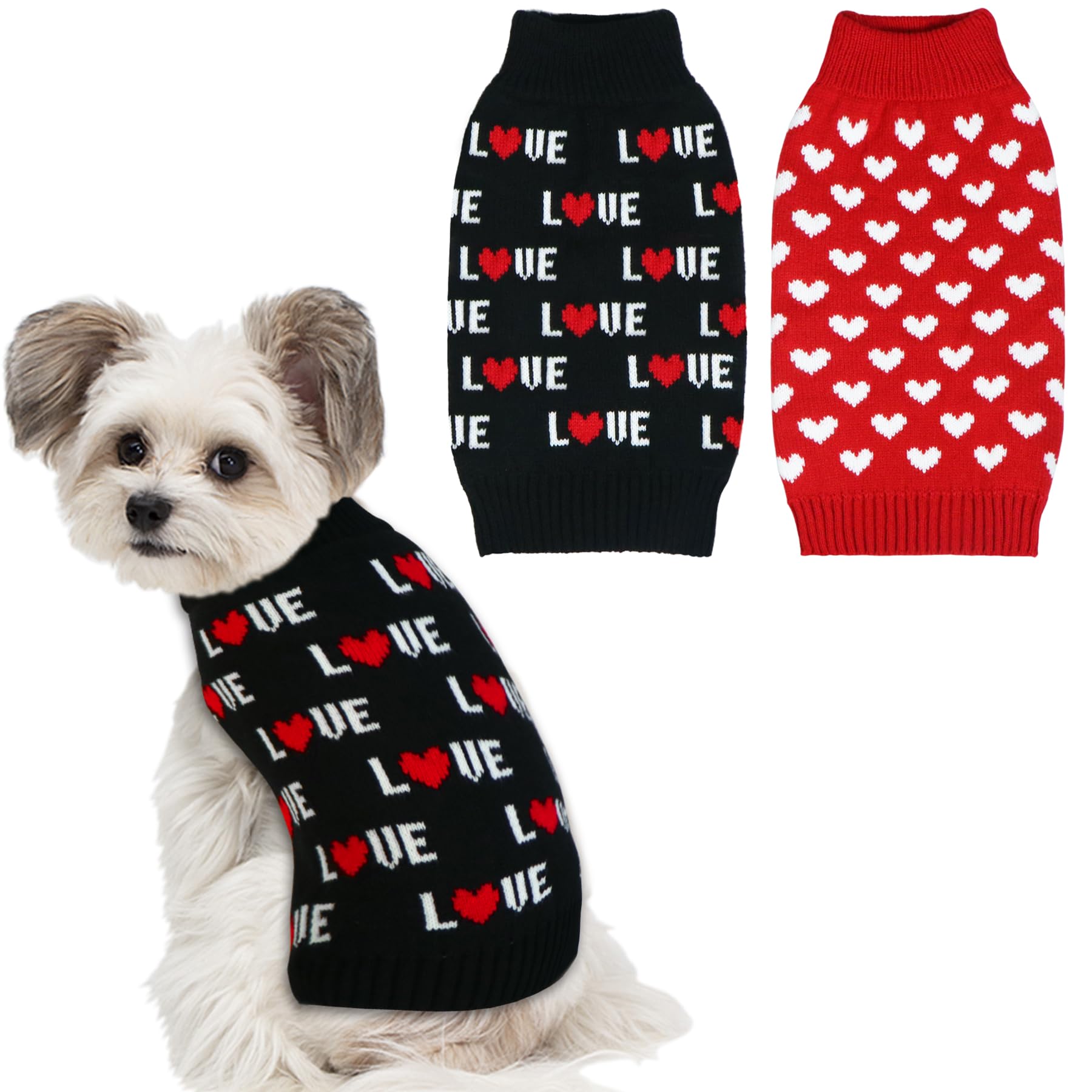 GOYOSWA 2 Pack Valentine’s Day Dog Sweater, Dog Valentines Outfit Clothes Knitted Heart Sweaters for Small Medium Large Dogs Pets (Red Heart & Black Love, Medium)