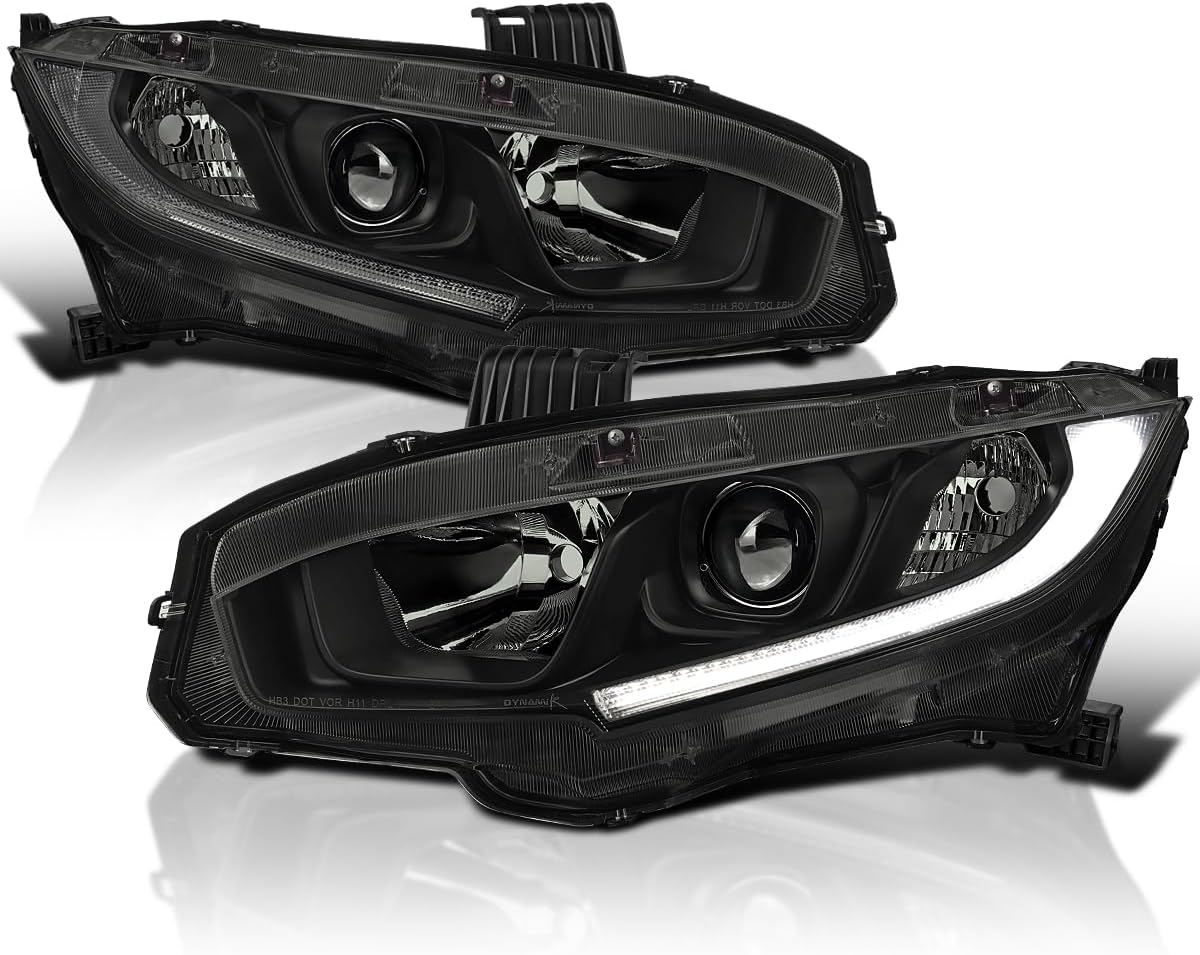 SPEC-D TUNING Black Smoke LED Strip Projector Headlights Compatible with 2016-2021 Honda Civic 10th Gen Halogen Models, Left + Right Pair Headlamps Assembly