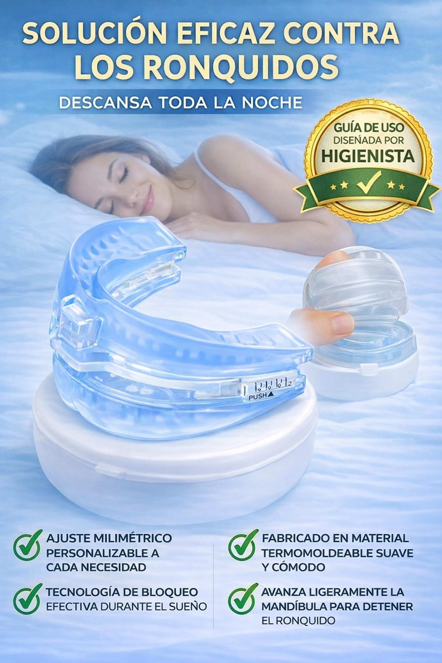 Férula Antirronquidos de Avance Mandibular Revisada por Higiénista Dental- Termoformable- Dispositivo de Avance Mandíbular -Ayuda a Reducir los Ronquidos, Guía Diseñada por Higiénista.