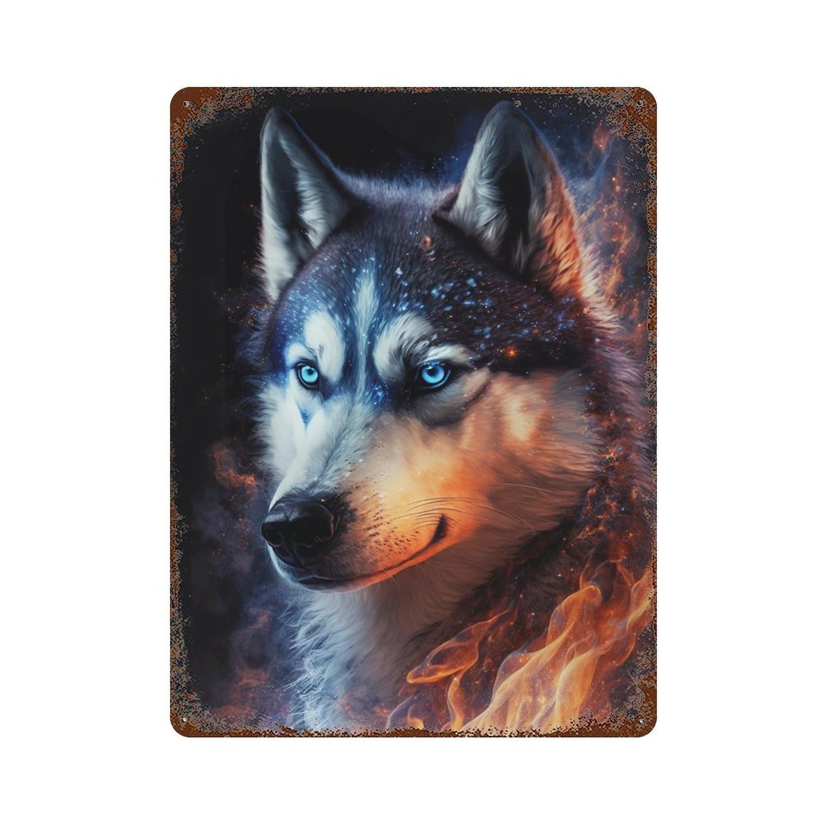 Galactic Wolf with Fiery Mane 15.7"x11.8" Retro Metal Sign, Old School Wall Decor for Office, Studio And Wall Decor