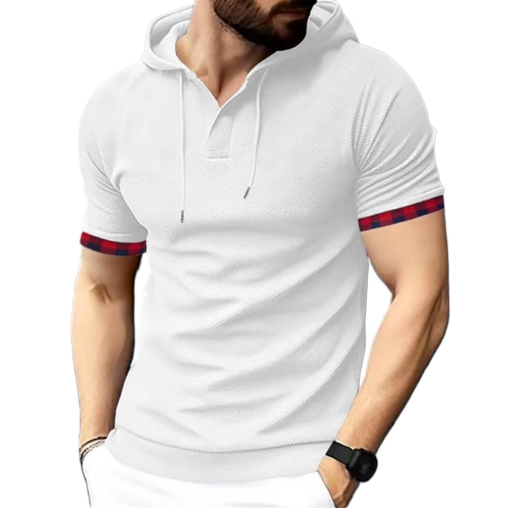 Men Color Block Casual Sports Shirts Drawstring Short Sleeve Waffle Hoodie Summer Exercise Thin Slim Pullover Tops (White,Small)