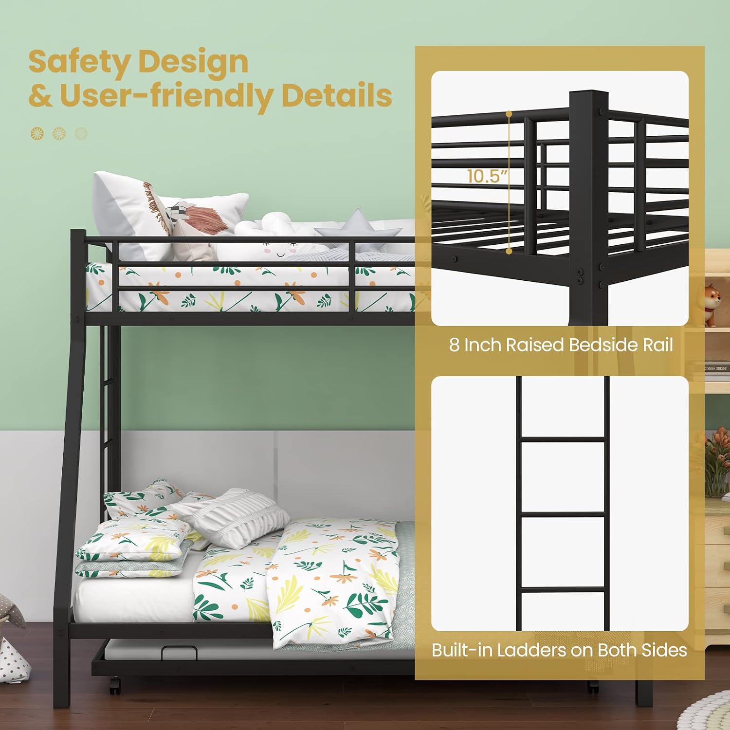 Twin Over Full Bunk Bed with Trundle, Triple Bunk Bed with Sturdy Guard Rail & 2 Side Ladder, No Box Spring Needed, Metal Bunk Bed Frame for Dorm, Bedroom (Black)