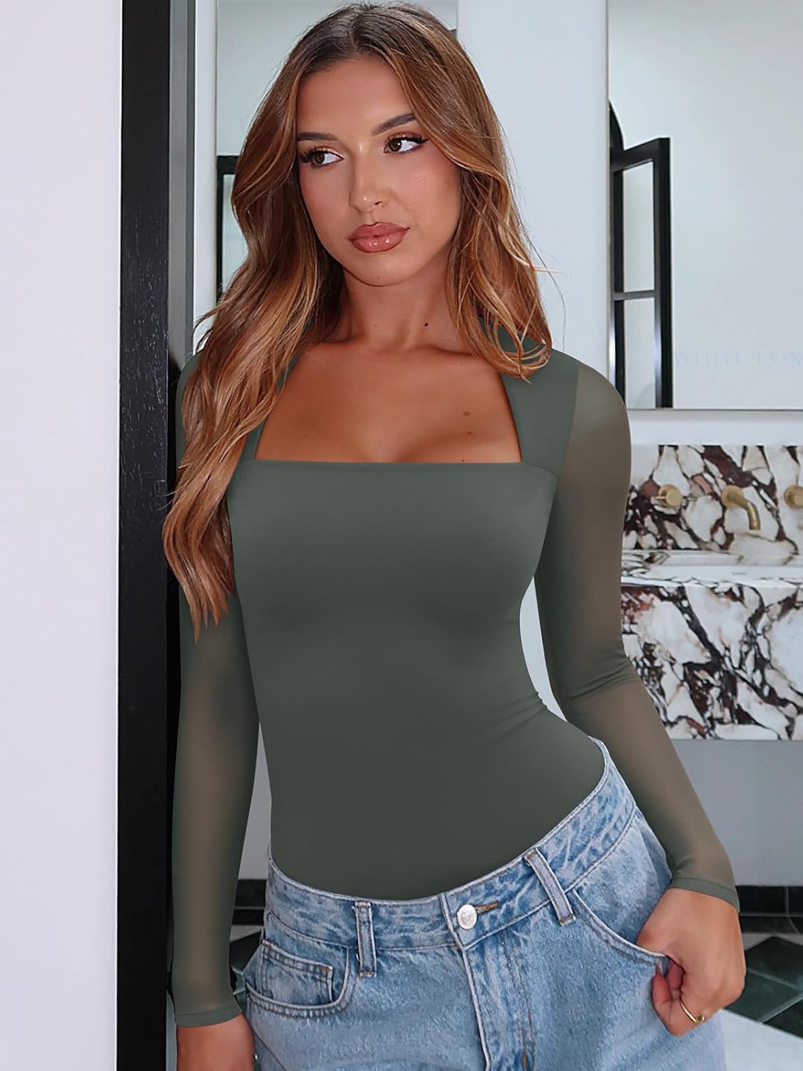 PINKMSTYLE Womens Square Neck Mesh Long Sleeve Bodysuit Going Out Tops Date Night Outfit 2025 - Image 5