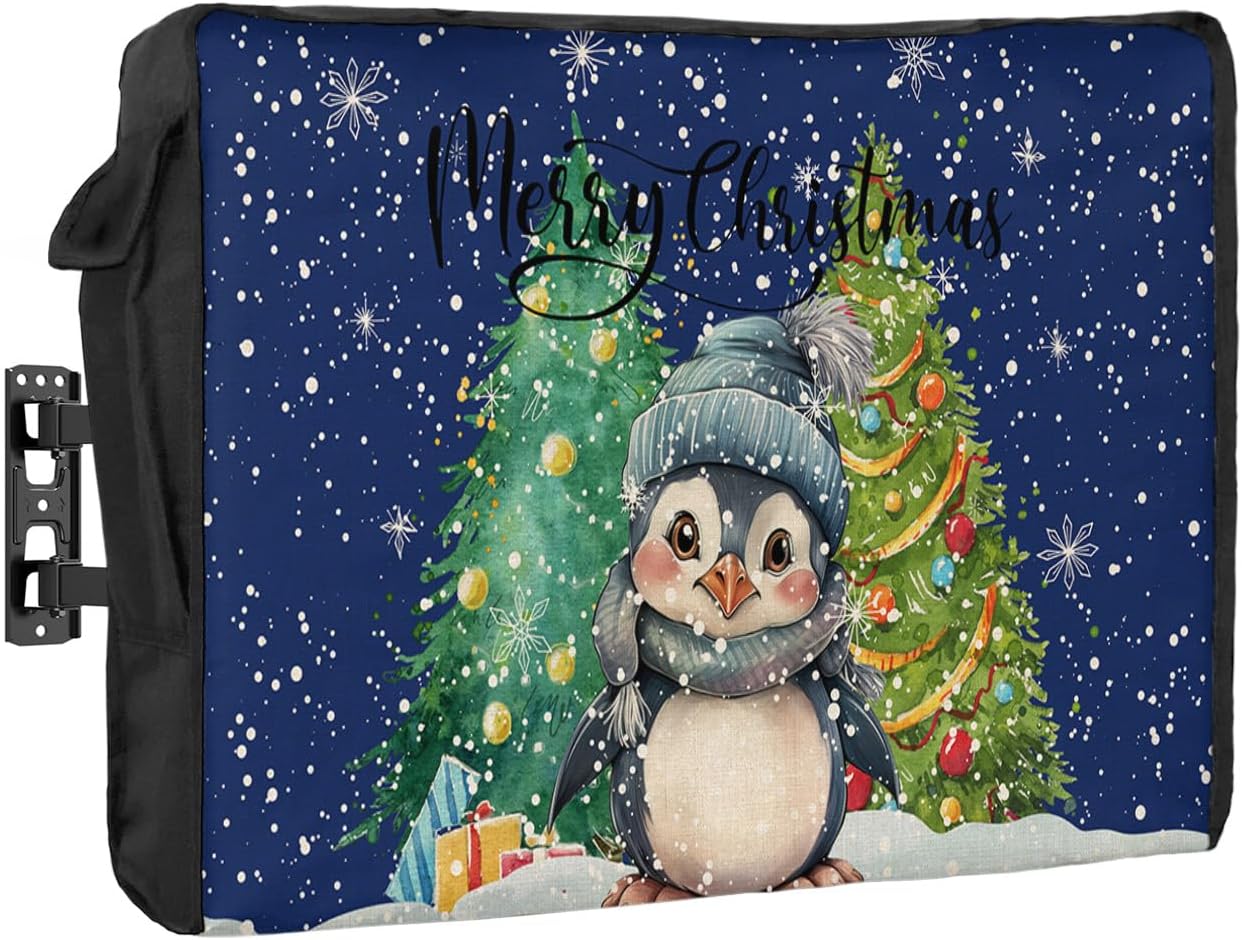 Outdoor TV Cover - Merry Christmas Cute Penguin Xmas Tree Winter Snowflake Waterproof and Weatherproof 70"-75" LCD Movable Shield TV Display Screen Protector Outside Television Covers