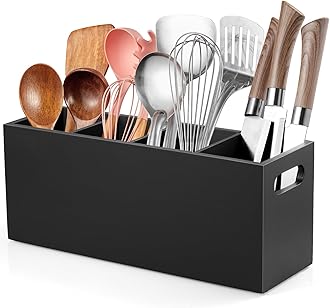 ALELION Large Utensil Holder with Removable Divider - 4 Compartment Wooden Utensil Caddy Organizer for Kitchen Counter - Black Cooking Utensil Crock for Countertop
