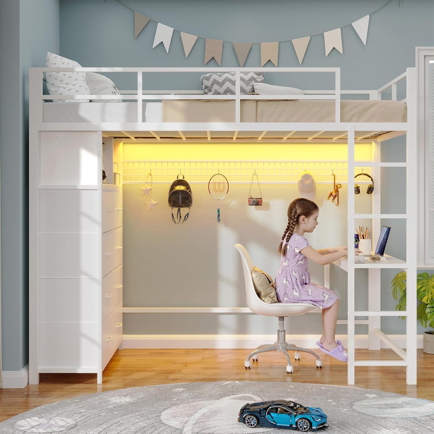 BTHFST Twin Loft Bed with Desk & 8 Storage Drawers Tall Dresser, White Metal Loft Bed with LED Lights & Charging Station, 2-Tier Storage Shelves, Stable & Sturdy, Noise Free, White