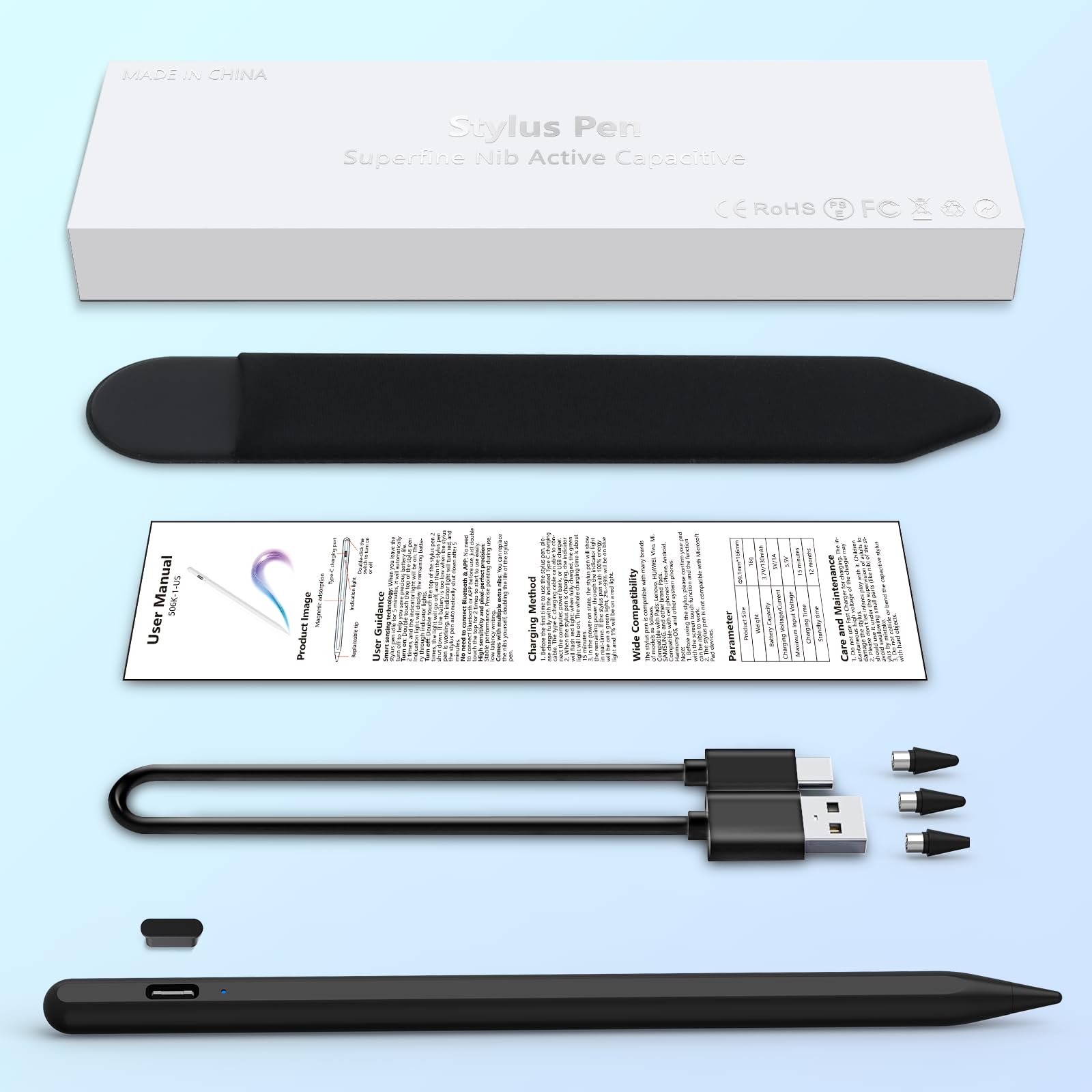 Penna Stylus Tablet Samsung iPhone Lenovo Xiaomi Huawei Android Touch Screen con Sensibilità Inclinazione 3 Punte