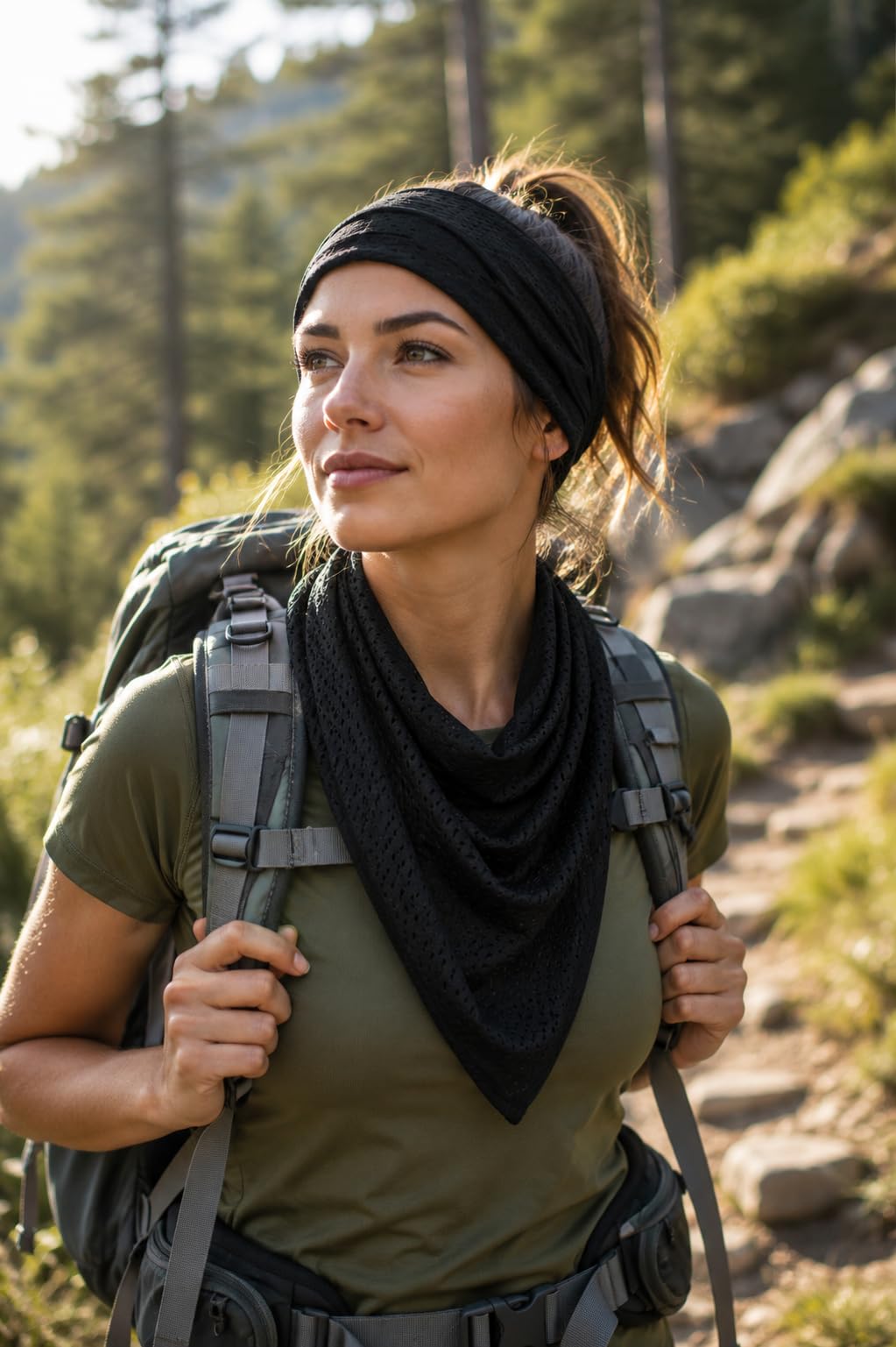 Outdoor – chusta na szyję, chusta wielofunkcyjna, chusta na głowę, szal, opaska na czoło, maskowanie, ochrona na świeżym powietrzu, polowanie, wędkowanie, militarna, tkanina siateczkowa, kolor czarny