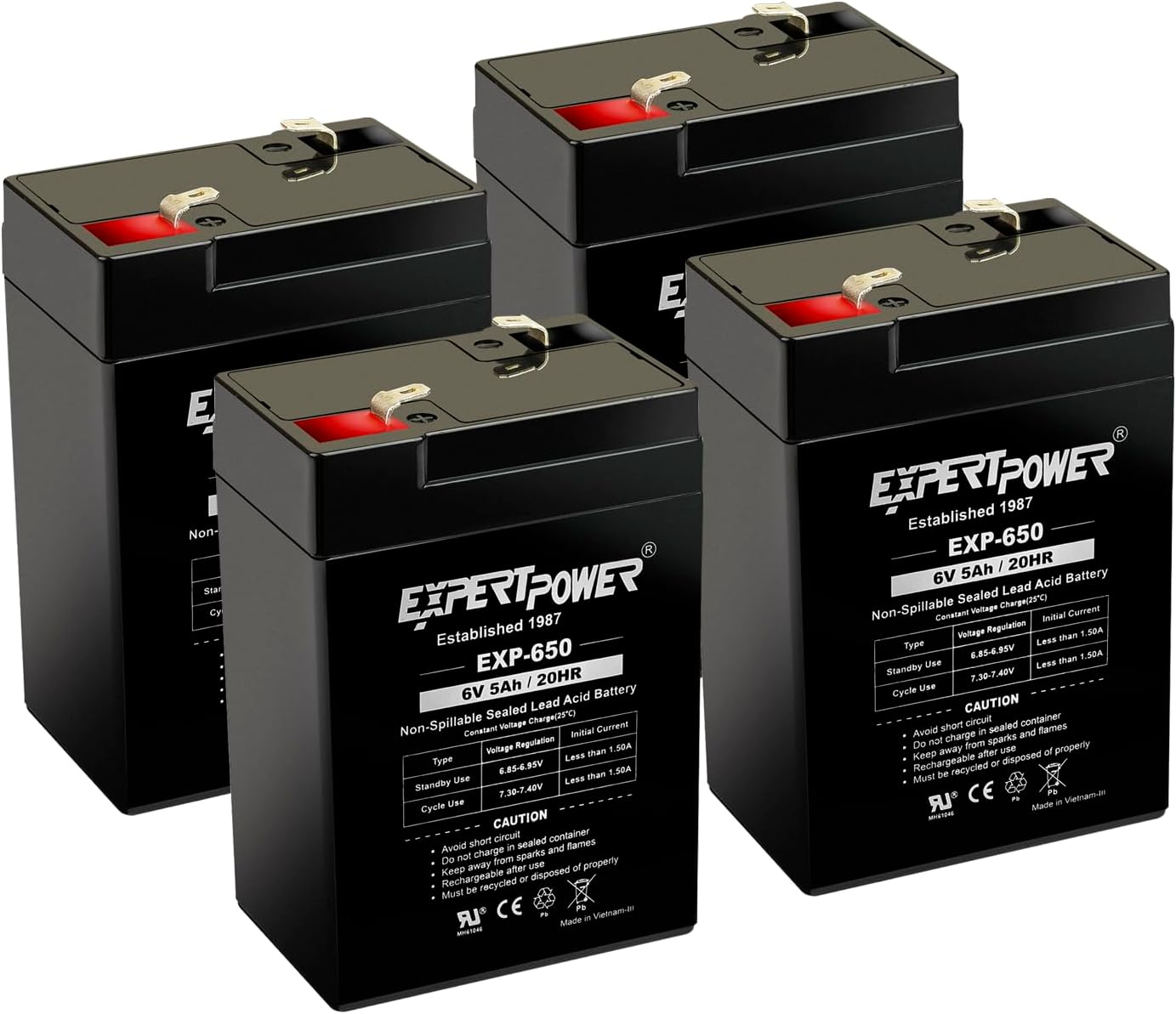 EXP650 (4 Pack) - 6V 5Ah / 20HR SLA Rechargeable 6V Battery for Ride on Toys, Emergency Light, Exit Sign Battery Replacement, Sealed Lead Acid 6 Volt Batteries with F1 Terminals